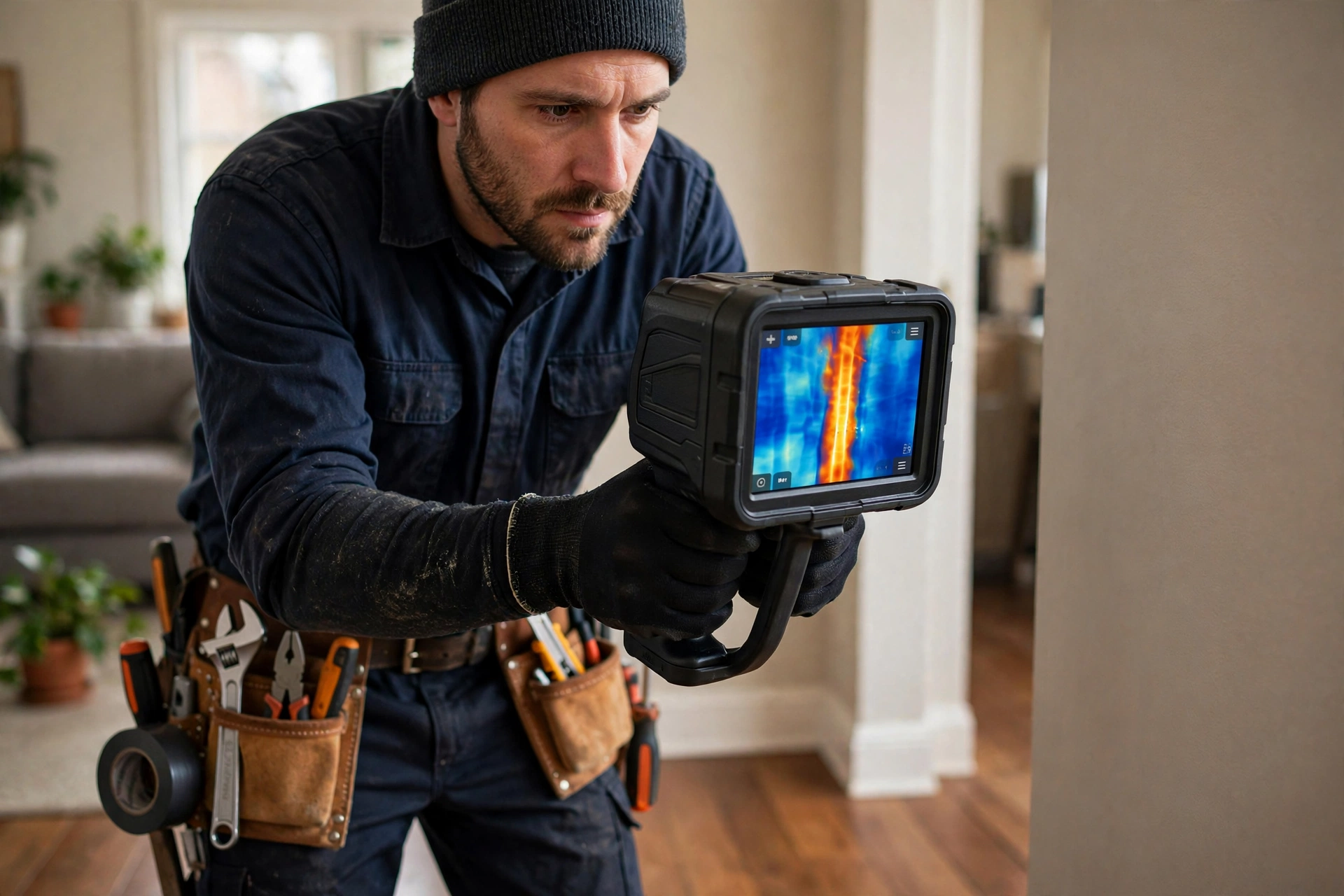 Technician scanning walls for hidden water and pipe damage in Cottage Grove, MN